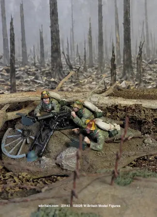A detailed miniature model of two World War I soldiers beside a damaged bicycle, set in a diorama of a war-torn forest with barbed wire and muddy terrain.