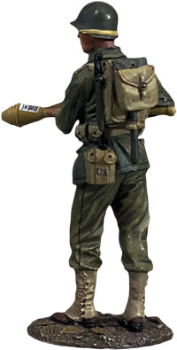 Rear view of Collectible toy soldier miniature army men U.S. Infantryman with Panzerfaust figurine.
