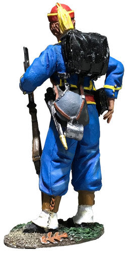 Rear view of Collectible toy soldier miniature army men Union Infantry 146th NY Zouave Standing Reaching for Cartridge.