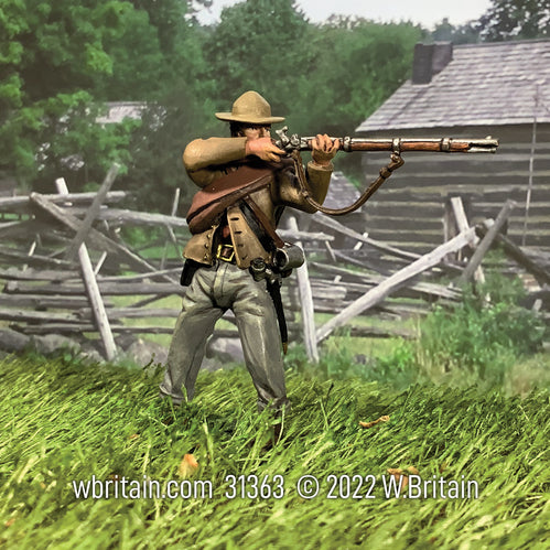 Toy soldier miniature army men Confederate Infantry Standing Firing. Near a fence.