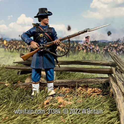 Federal Iron Brigade Standing Reaching. He is in battle.