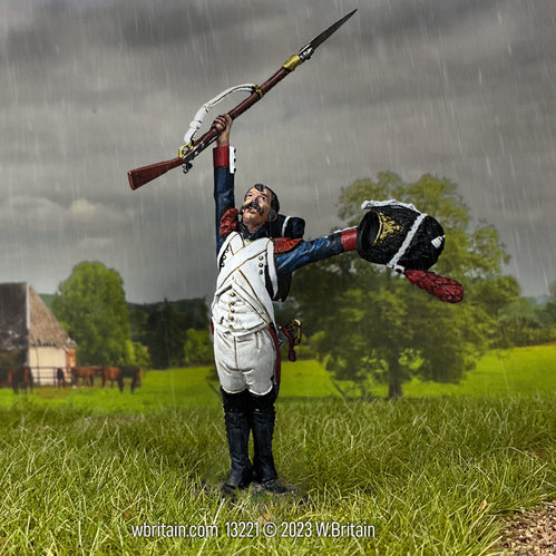 Collectible toy soldier army men “Vive L’Empereur!” Single Cheering French Imperial Guard. He is on the battlefield.