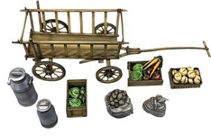 A detailed miniature set depicting a traditional wooden market cart from the mid 19th to 20th century, surrounded by various market goods. The set includes a rustic cart and eight pieces of accessories such as milk and cream cans, and crates filled with fresh vegetables, fruits, and bread. White background.