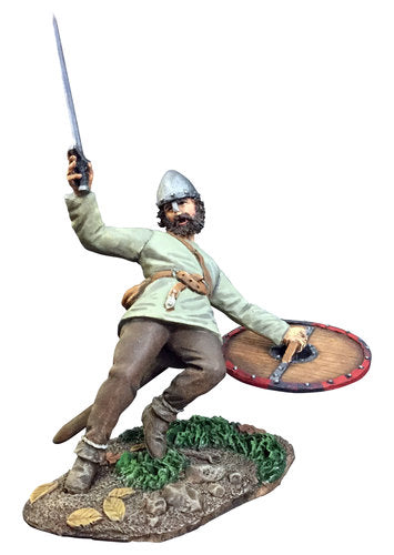 Collectible toy soldier miniature Leofric Saxon Casualty Falling. Soldier is wearing a white shirt.