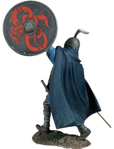 Collectible toy soldier miniature Alfgeir Viking Throwing Spear. Holding shield that is painted red.