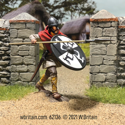 Collectible toy soldier miniature Algar Saxon Defending with Spear. Soldier has a black and white shield.