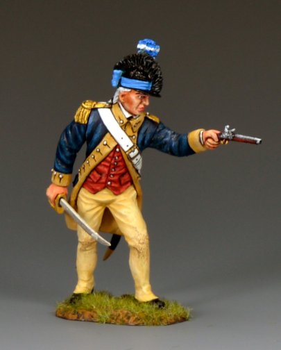 Military miniature George Washington’s Bodyguard Sergeant toy soldier firing pistol with sword drawn, Revolutionary War figure, 1/30 scale, matte finish