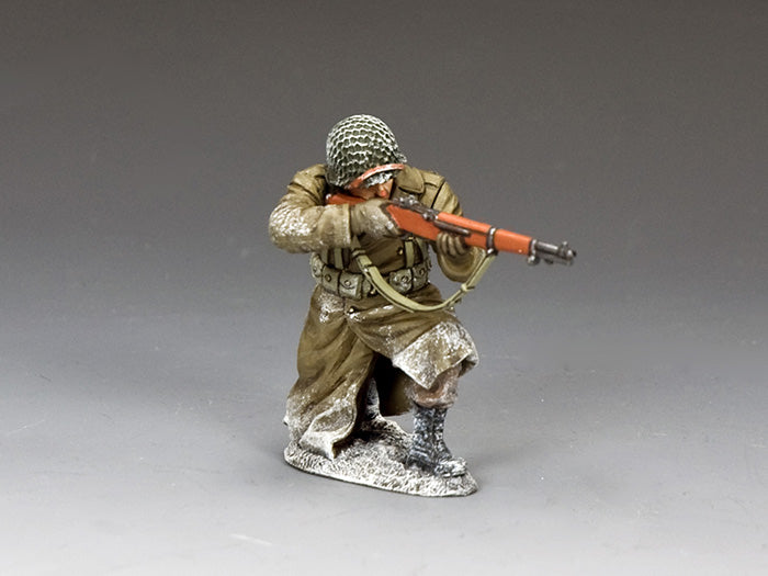 Kneeling U.S. infantryman in winter gear takes aim with M1 Garand during the Battle of the Bulge, 1/30 scale matte finish.