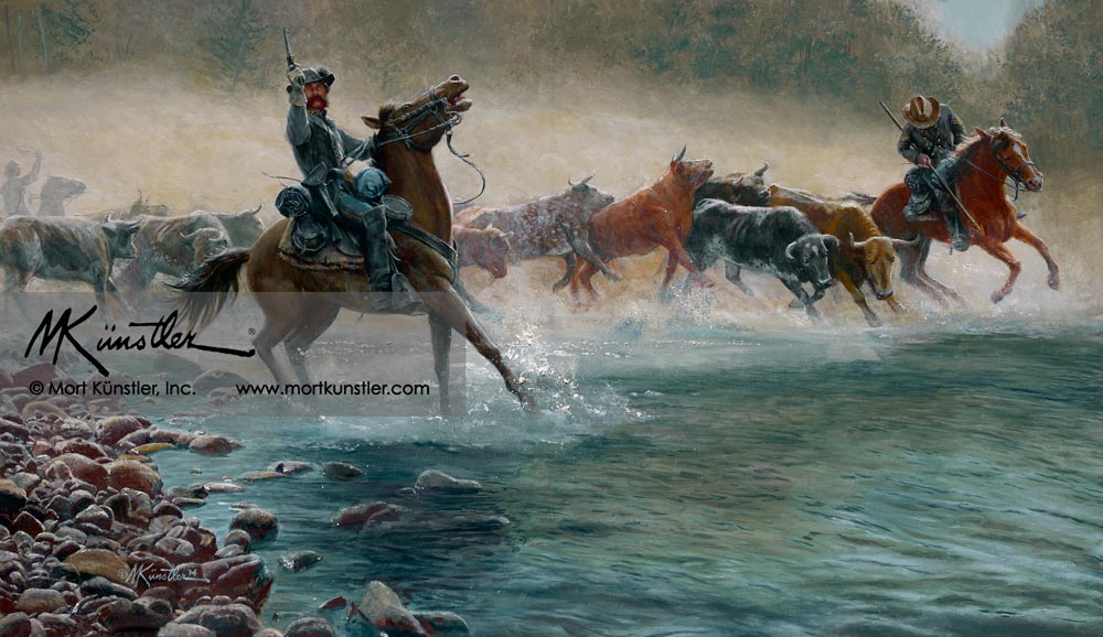 Mort Künstler wall art print The Great Beefsteak Raid. Men on horseback with cattle.