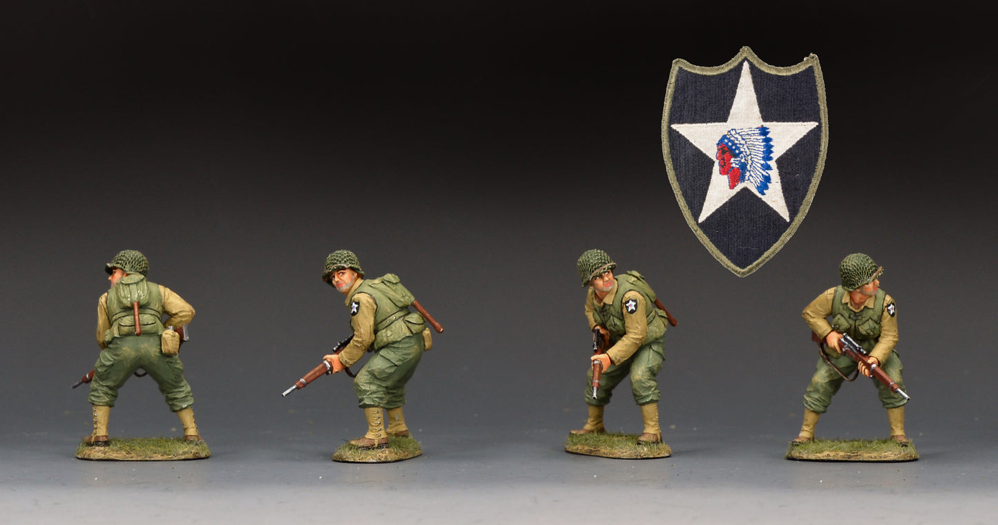 Four painted military figurines in olive drab and tan uniforms posed across a dark studio background, with a shield emblem featuring a white star and red-and-blue feather detail above them.