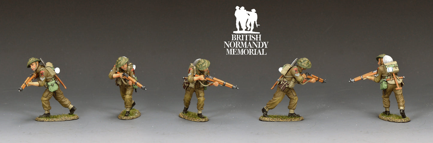 King & Country Gold Beach Advancing Rifleman, Green Howards corporal moving forward with No. 4 Mk. 1 Lee-Enfield ready for a snap shot, MkII helmet with scrim, D-Day Normandy 1944, 1/30 60mm matte figure, DD411 military miniature toy soldier