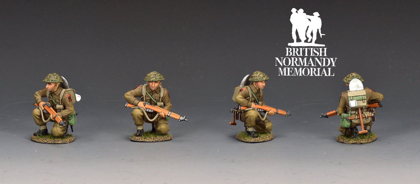 King & Country Gold Beach Kneeling Ready Rifleman, Green Howards infantryman kneeling in cover with No. 4 Mk. 1 Lee-Enfield, MkII helmet with scrim, D-Day Normandy 1944, 1/30 60mm matte figure, DD413 military miniature toy soldier