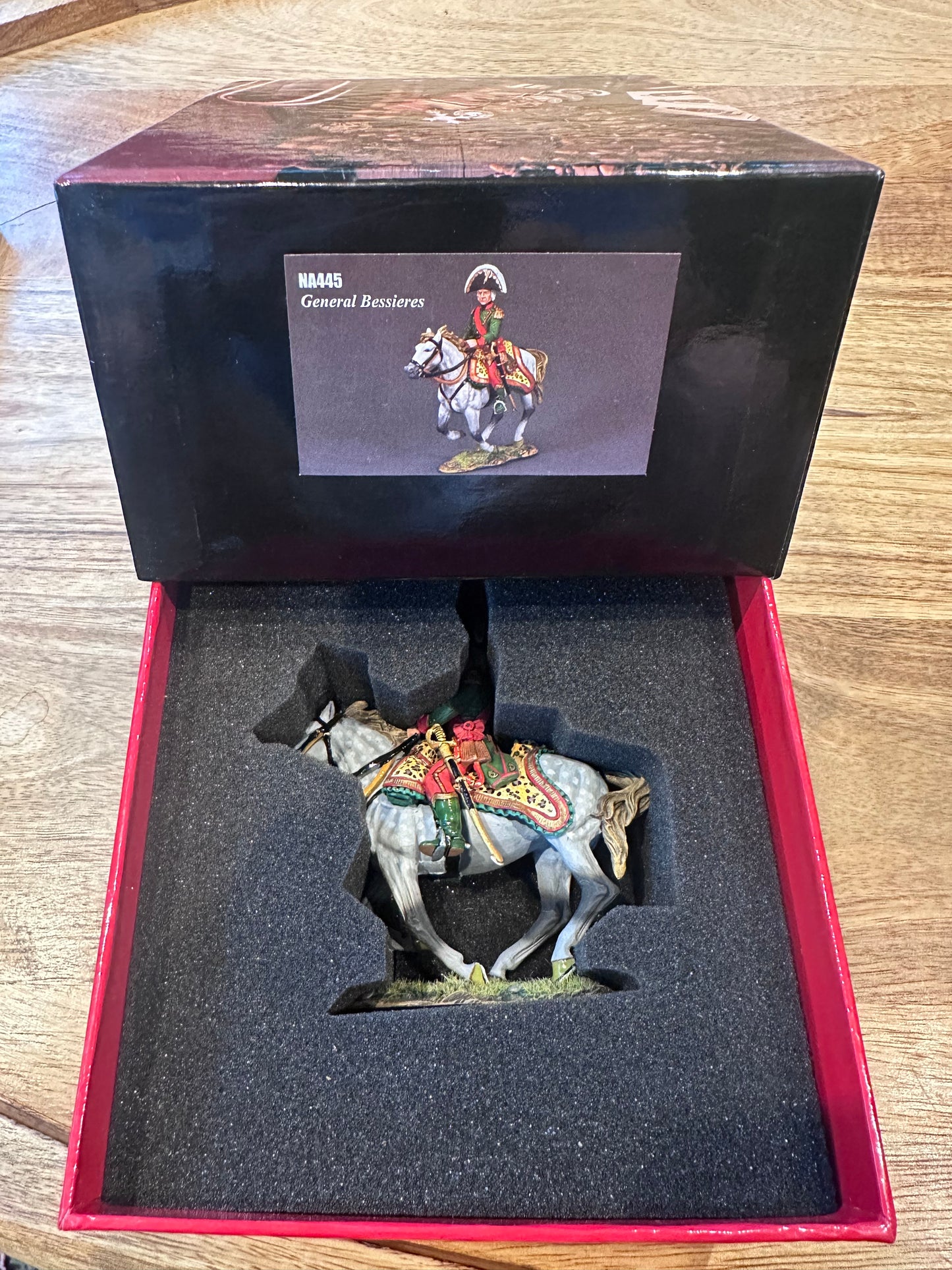 King & Country General Jean-Baptiste Bessières, mounted Marshal of the Empire in green Guides de l'Armée d'Italie uniform with leopard shabraque, white-plumed bicorne, on white horse, 1/30 60mm matte figure, NA445