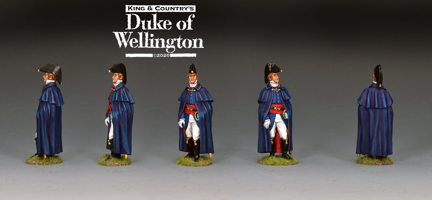 NA561 painted miniature figurine of the Duke of Wellington in profile and full view, shown against a dark gray gradient background with the 'King & Country's Duke of Wellington' logo at the top.