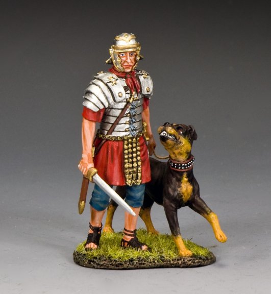 Front view Roman war dog and handler miniature set, King & Country ROM052, hand-painted 1/30 scale matte