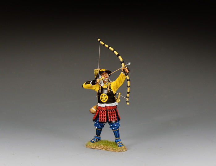 King & Country Ashigaru Archer launching arrow at Sekigahara 1600 — 1/30 scale matte-painted Western Army figure with bow drawn for high-angle shot. Catalog SW004.