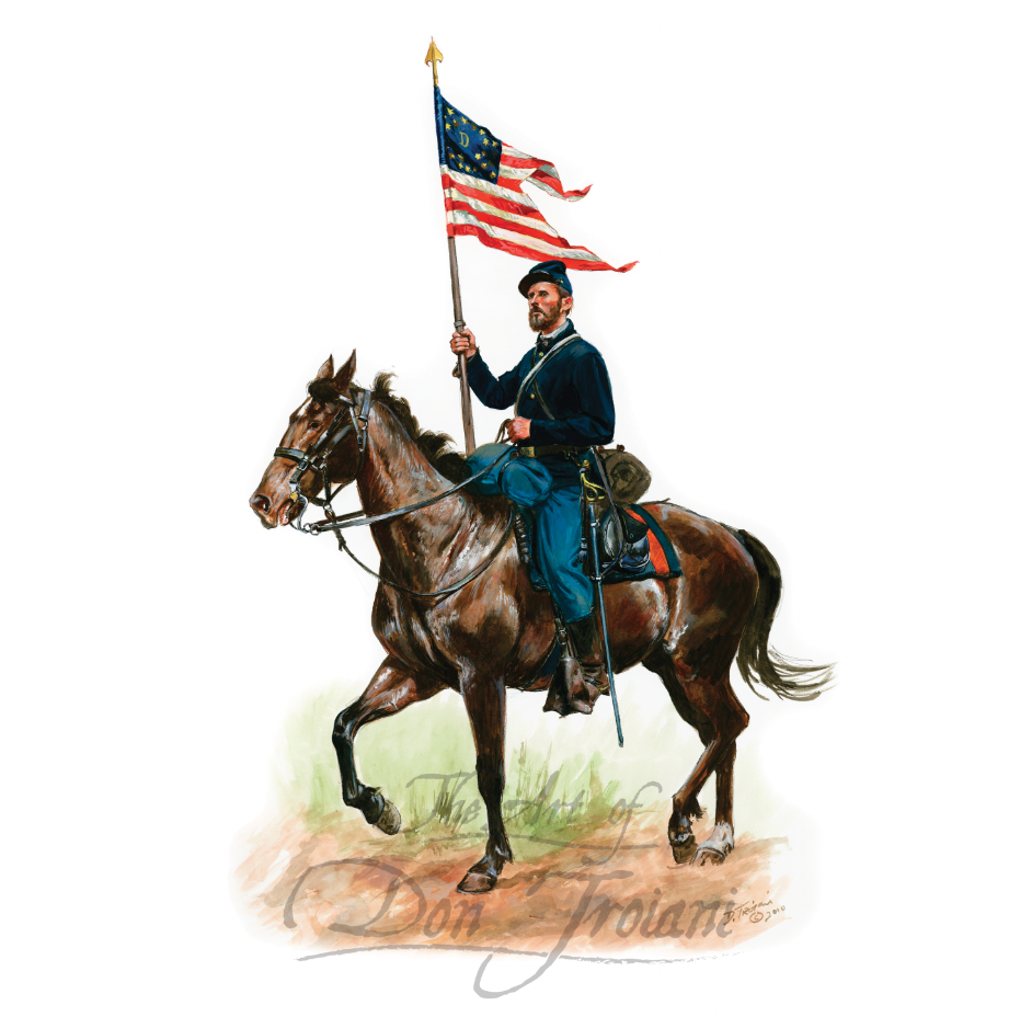 Union Cavalryman. Illustration of a soldier on horseback holding an American flag with 'The Art of Don Troiani' signature.
