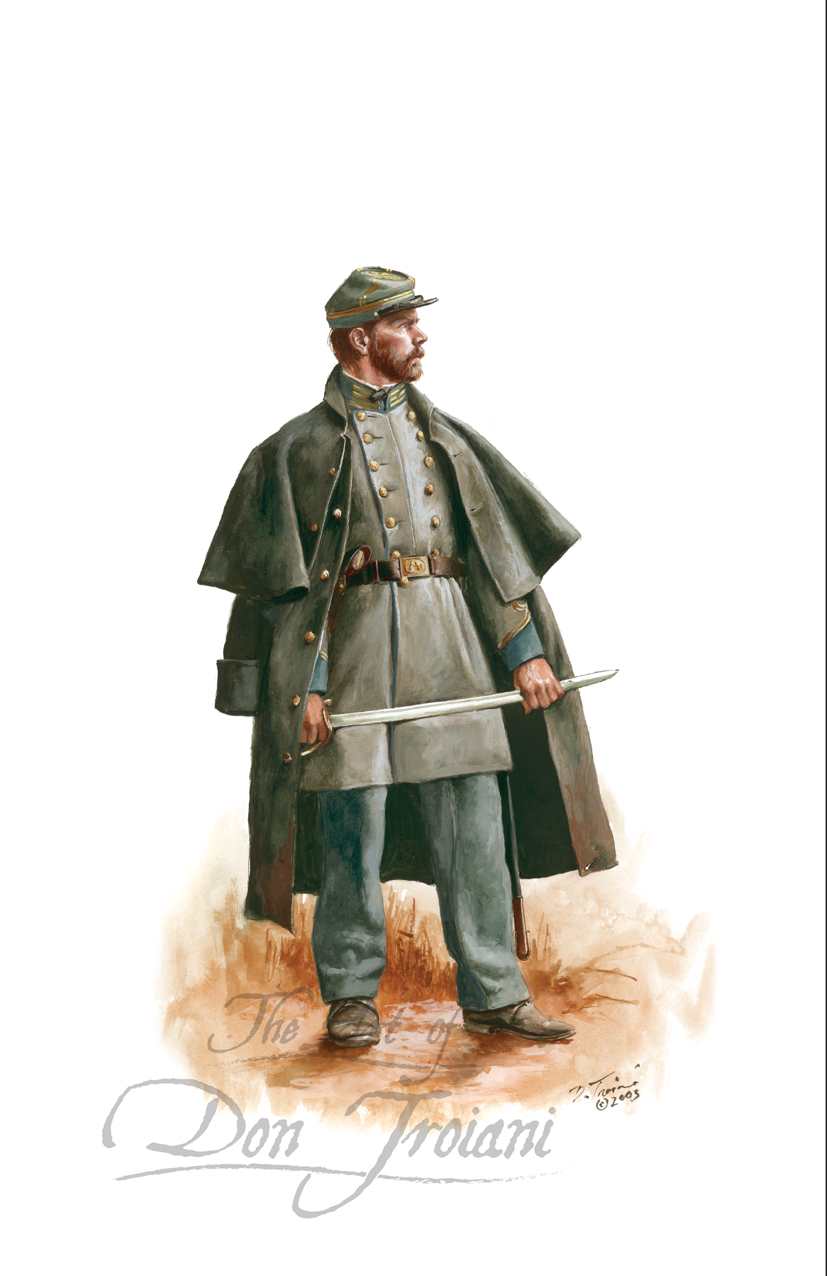 Illustration of a soldier in uniform holding a sword on a white background