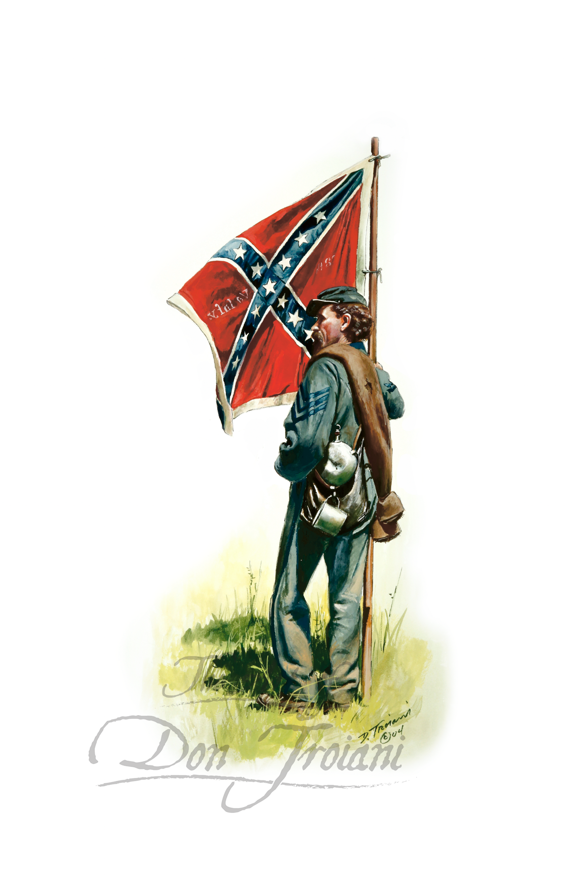 Illustration of a soldier holding a Confederate flag with 'Don Troiani' signature.