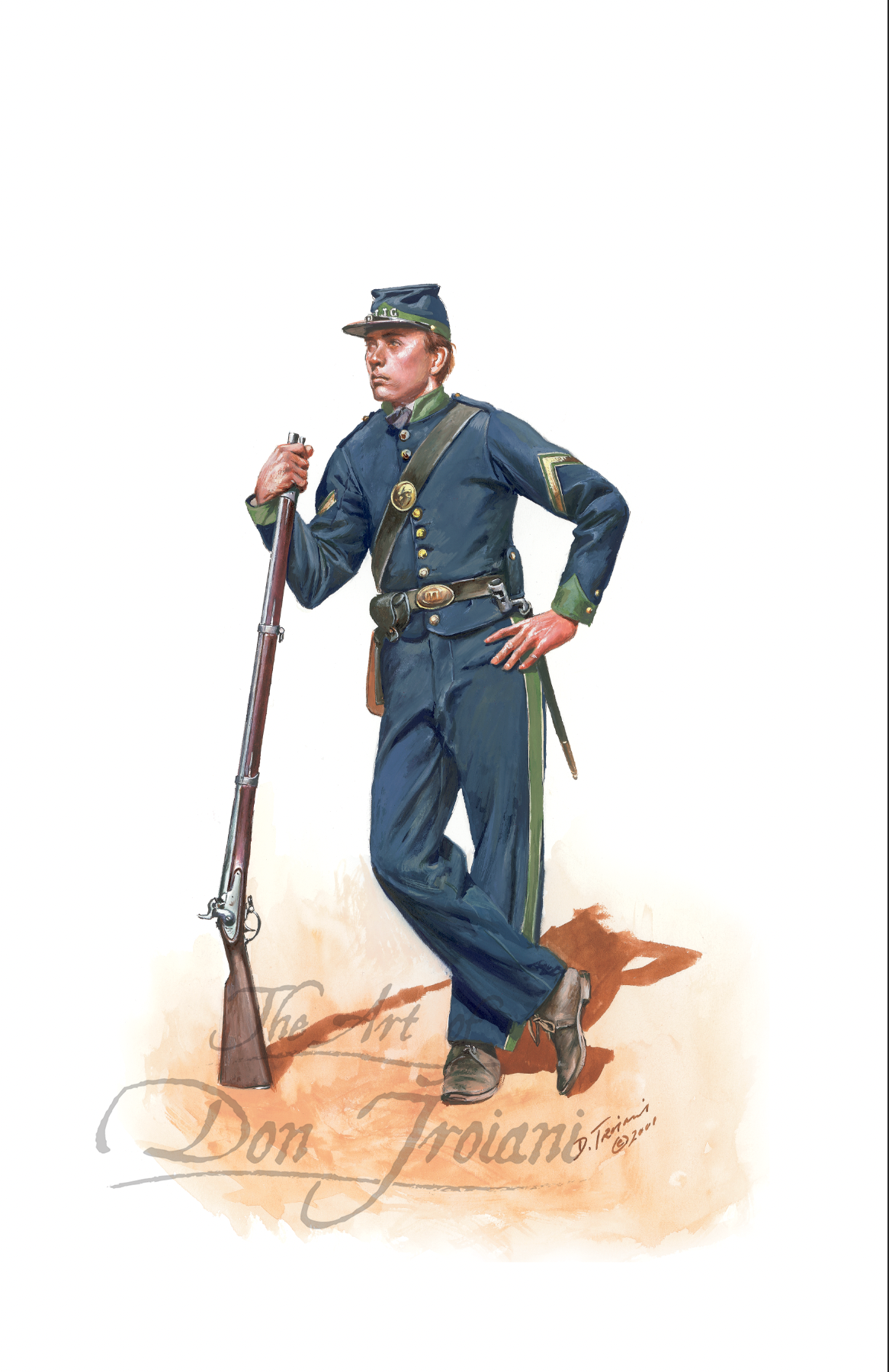 Illustration of a soldier in a blue uniform holding a rifle on a white background