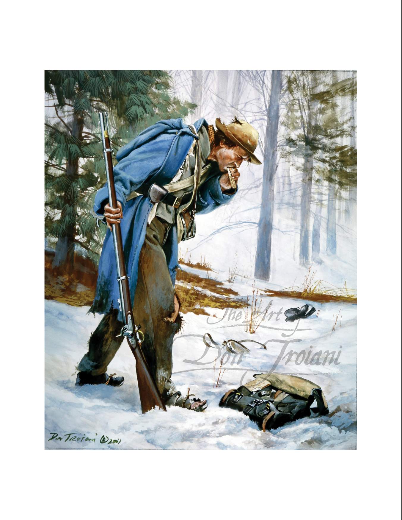 Confederate soldier Nashville Painting of a hunter in a snowy forest with a rifle and backpack.