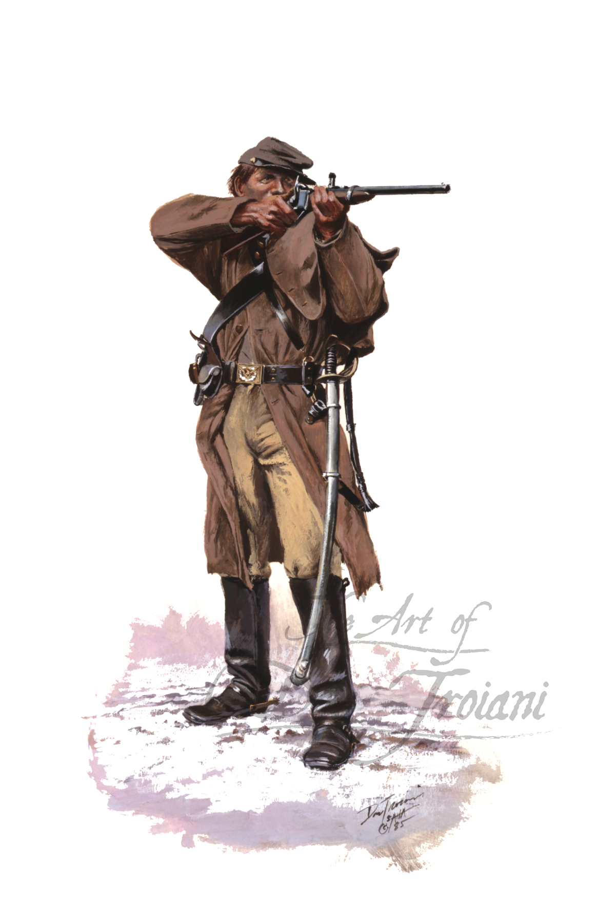 Artistic depiction of a soldier in a trench coat with a rifle on a white background