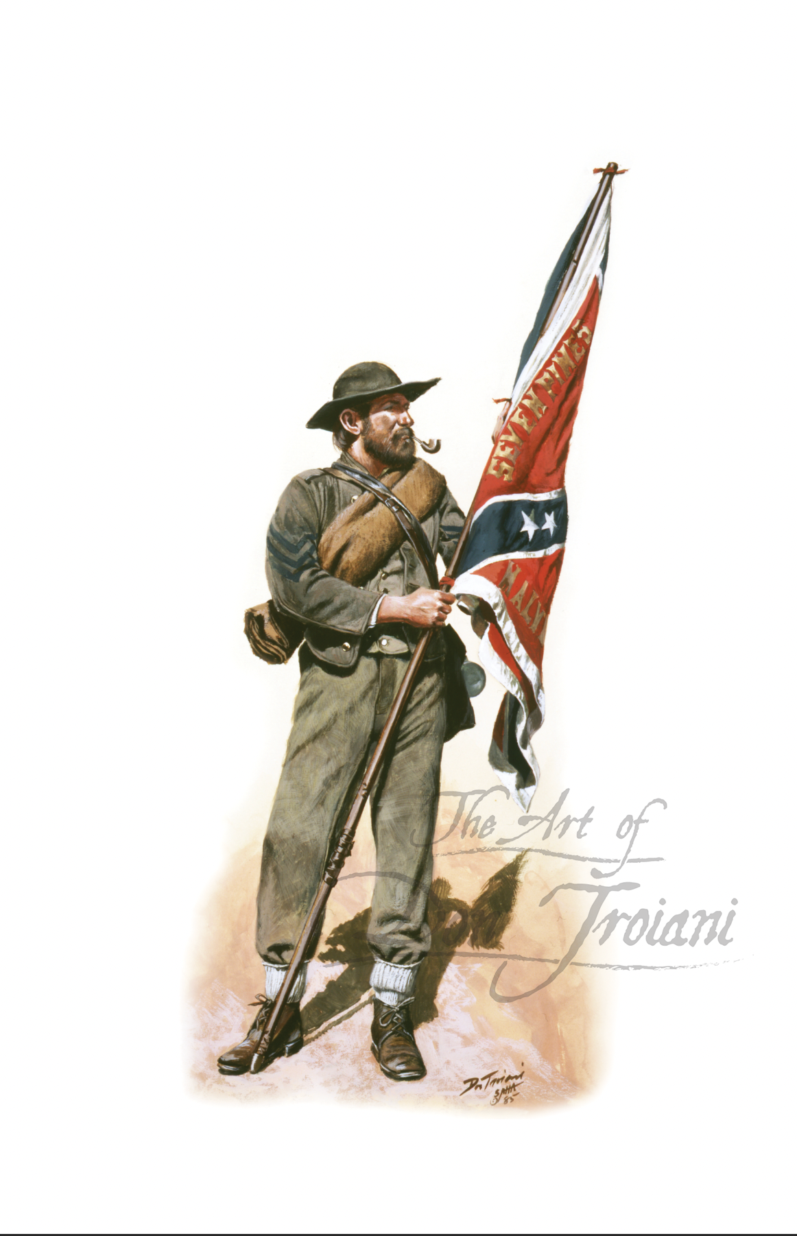 Illustration of a soldier holding a Confederate flag.