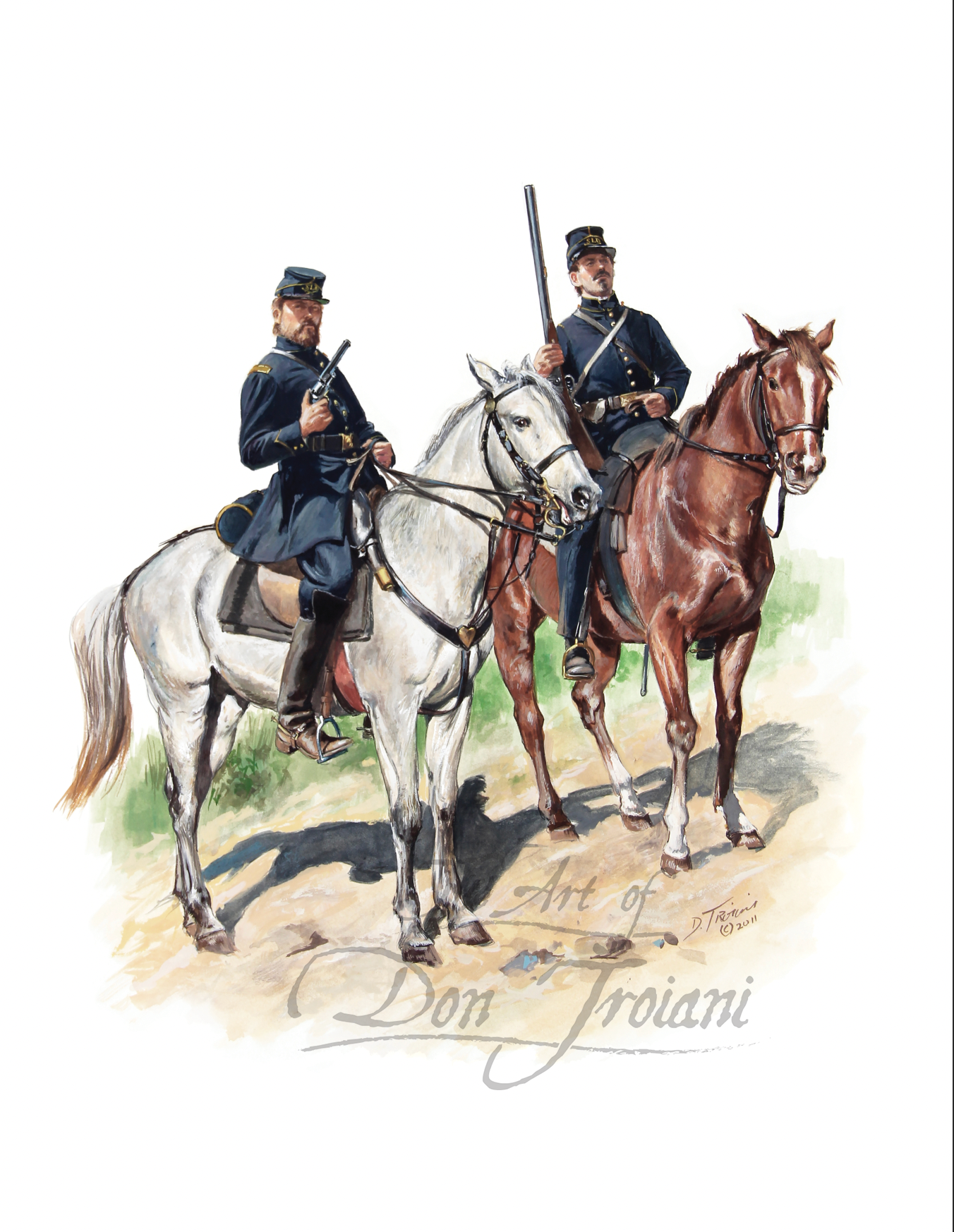 Sussex Light Dragoons. Two soldiers on horseback with rifles, signed 'Art of Don Troiani' on a white background.