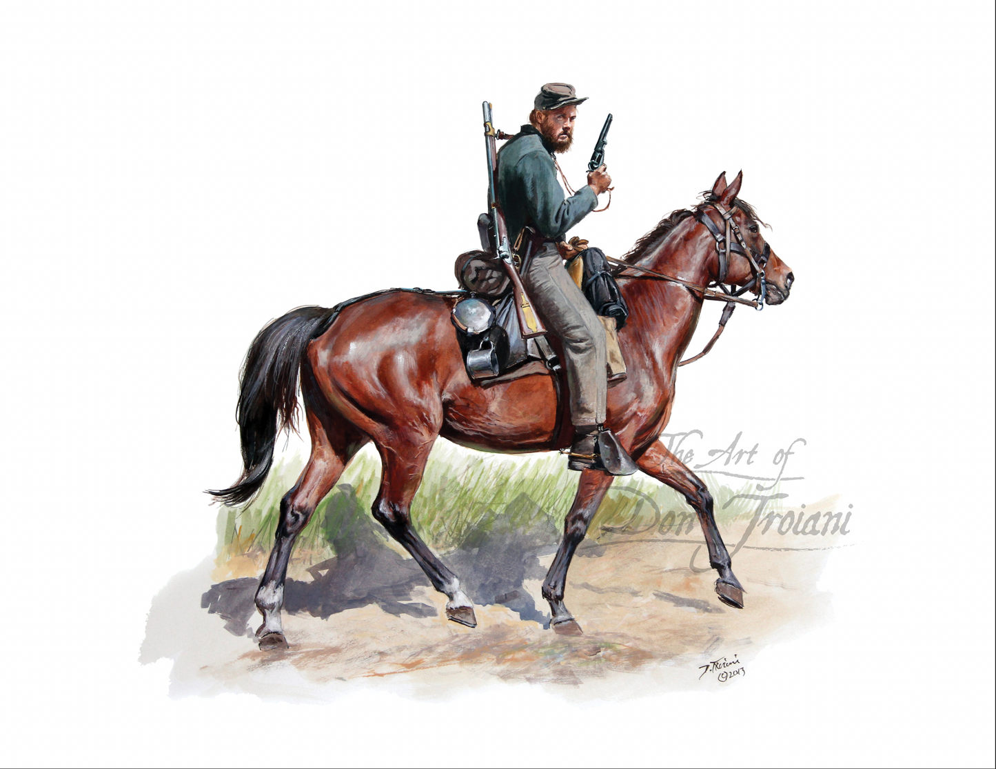 34th Virginia Cavalry Painting of a soldier on horseback with a rifle, signed 'The Art of William Trolani'.