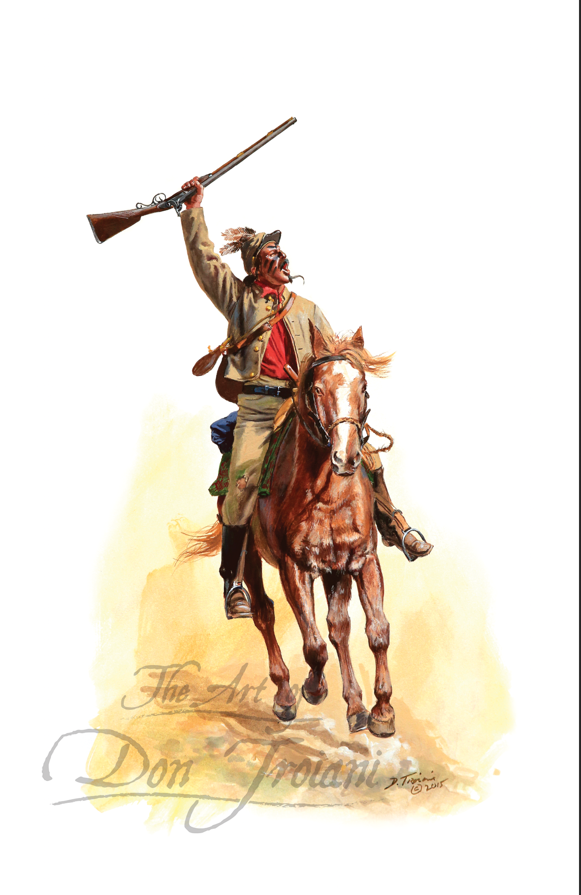 1st Cherokee Mounted Rifles. Painting of a Native American on horseback holding a rifle against a white background