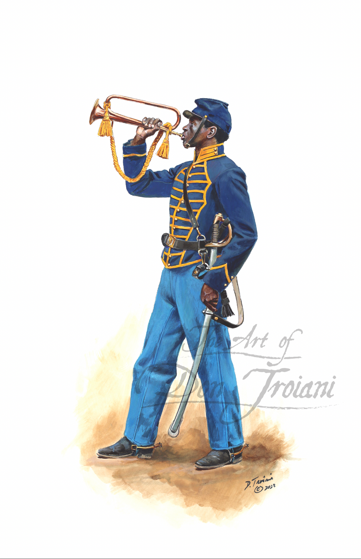 Trumpeter. Illustration of a soldier in blue uniform with a trumpet.