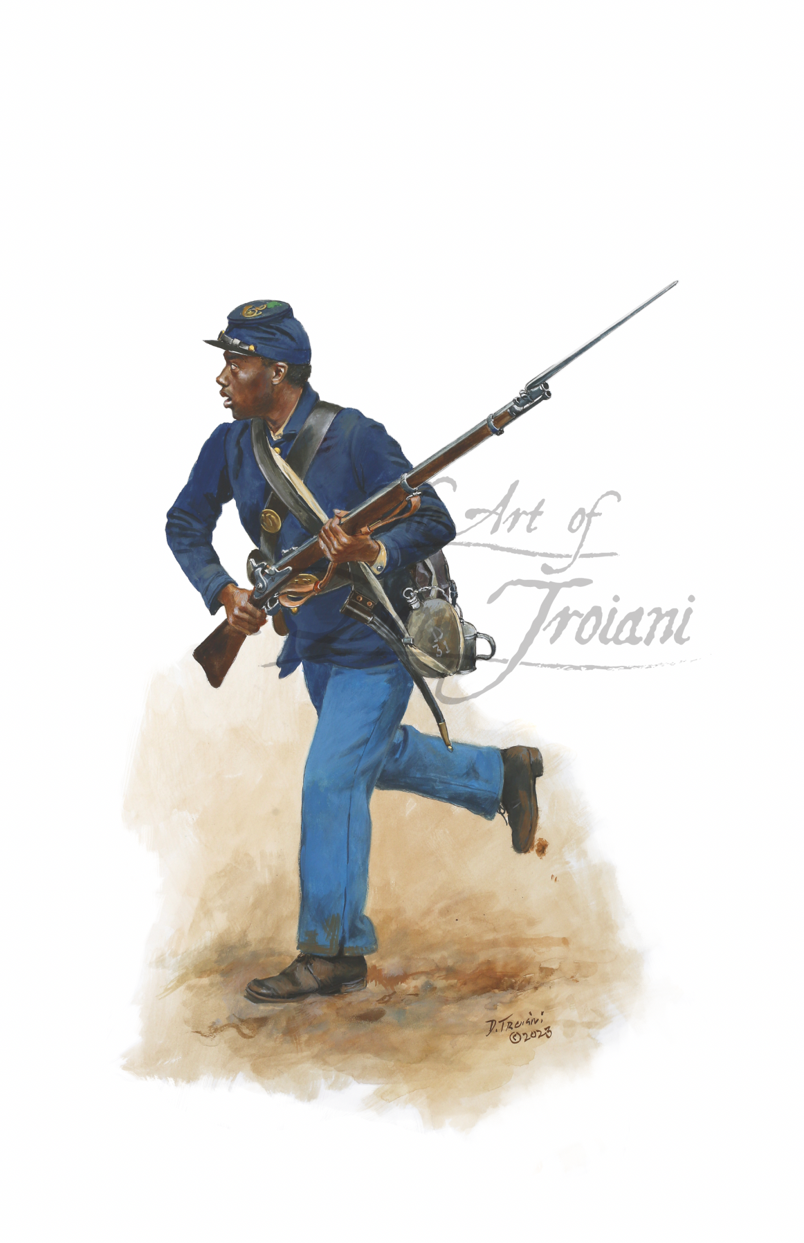 Painting of a soldier in blue uniform with a rifle, signed 'Art of Troiani'.