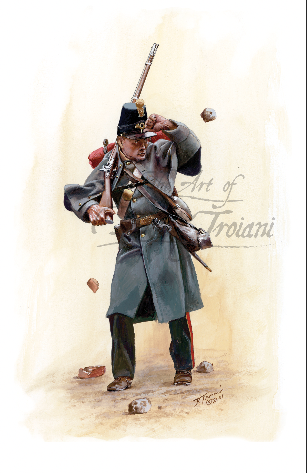 6th Massachusetts Militia. Artistic depiction of a soldier in uniform with a rifle, wearing a cap, on a light background.