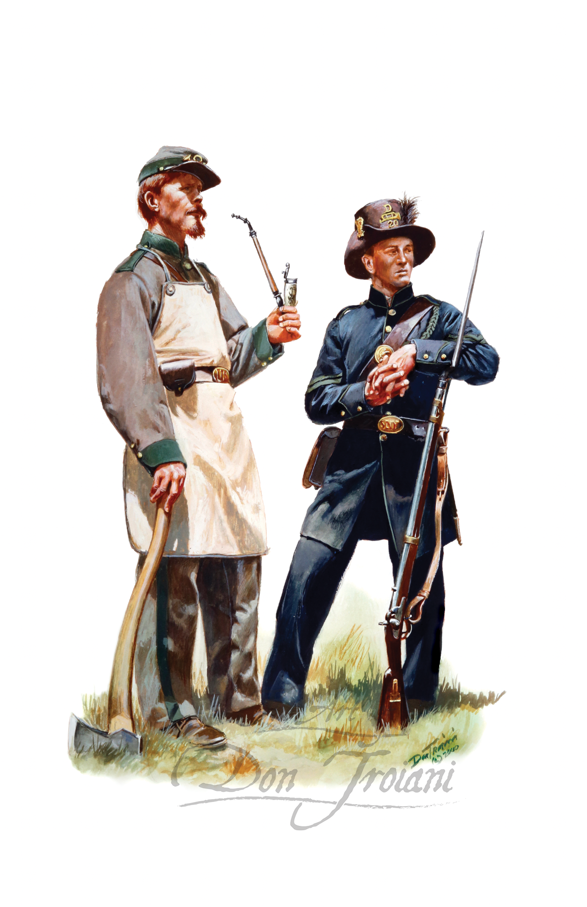 8th 1st German Rifles and 20th United Turner Rifles, New York Volunteers in 1861 Two soldiers in Civil War uniforms holding rifles and ax, with a white background.