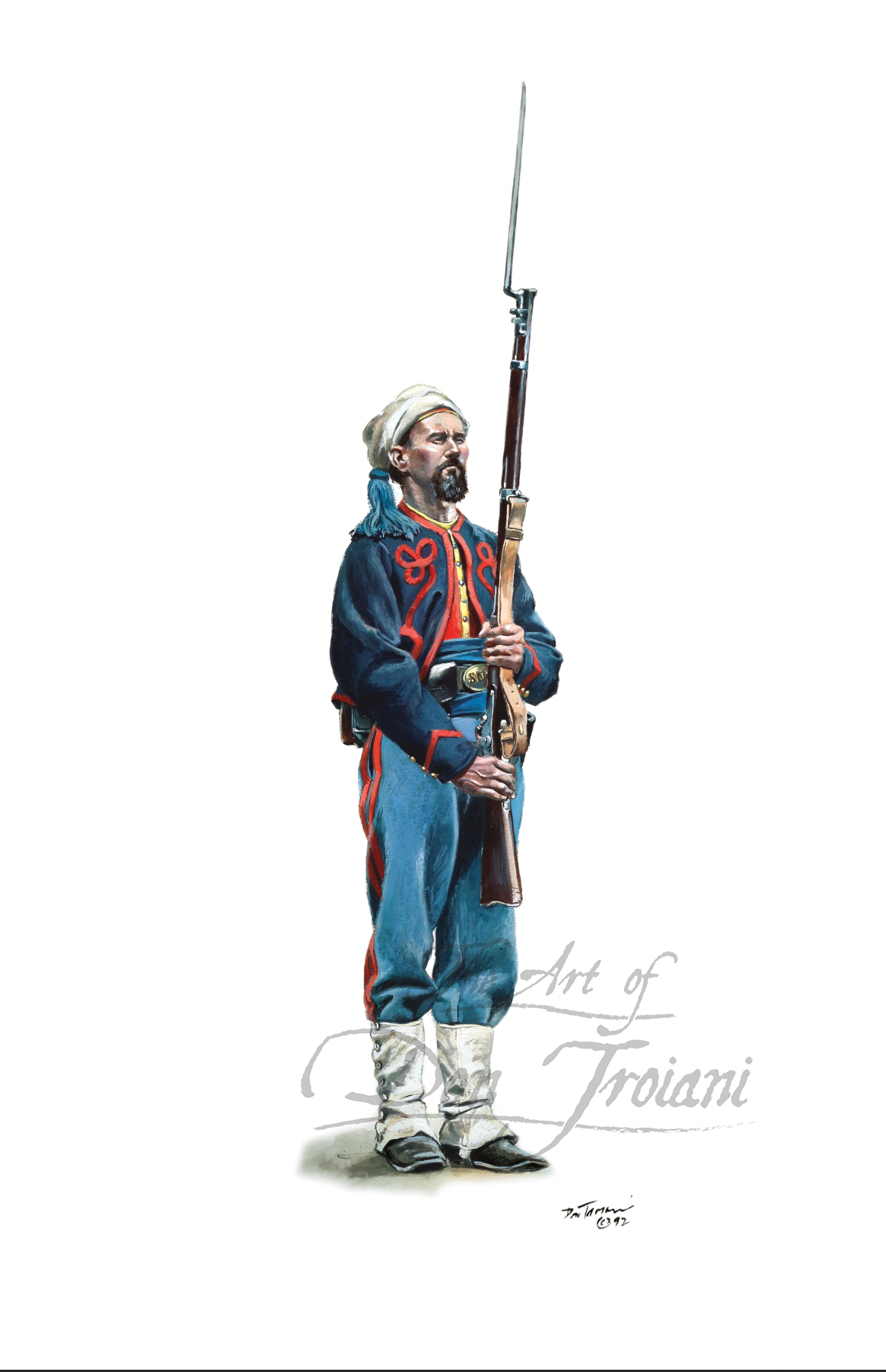 National Zouaves. Painting of a soldier in historical uniform holding a rifle on a white background