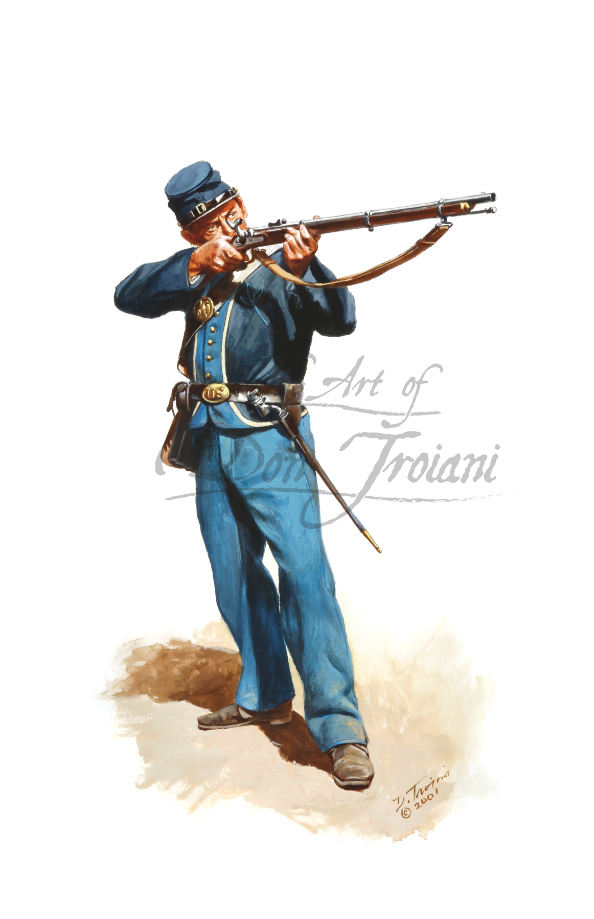 12th Indiana Volunteers. Painting of a soldier in blue uniform holding a rifle on a white background