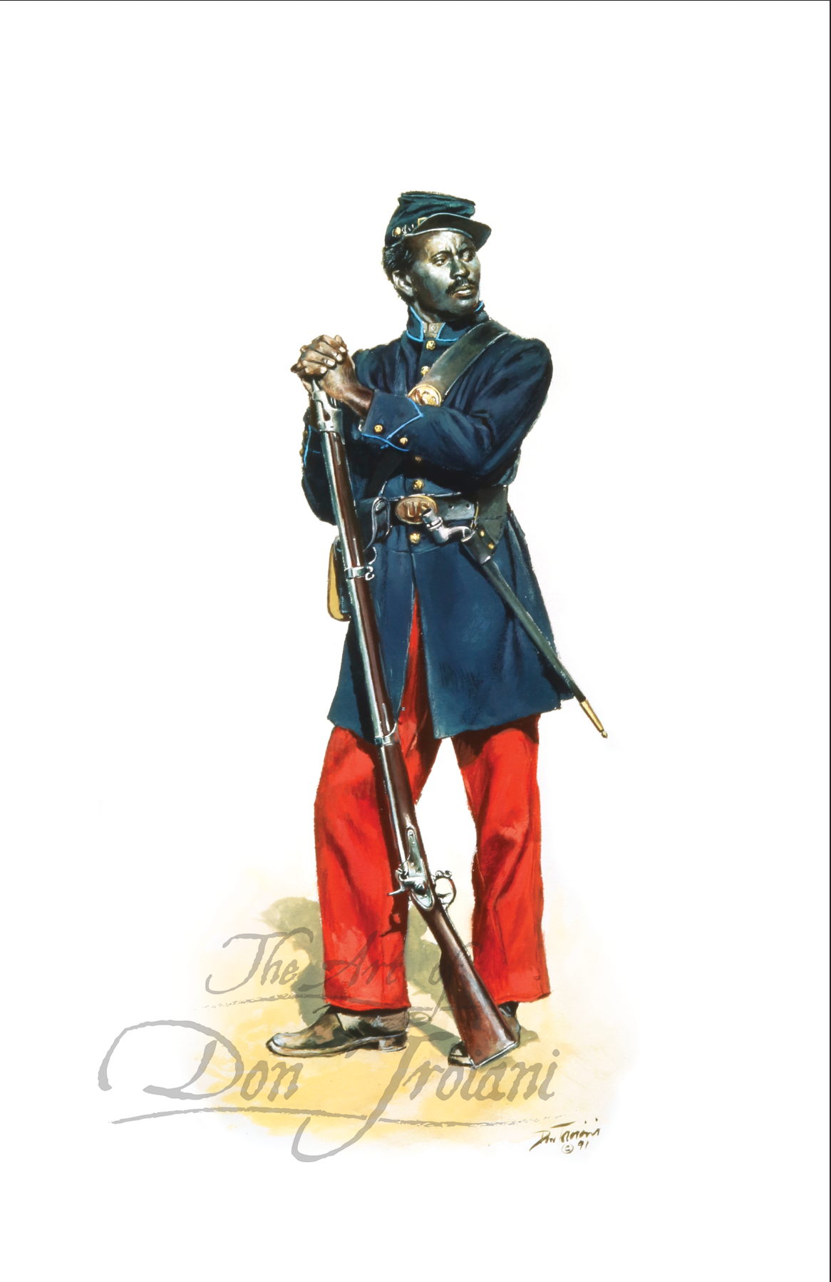 1st South Carolina Volunteer. Illustration of a soldier in blue coat and red pants holding a rifle on a white background.