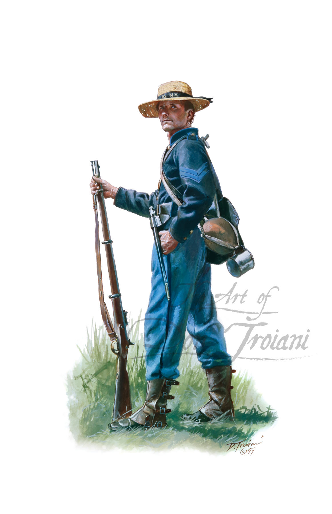 16th New York Volunteers. Illustration of a Civil War soldier in blue uniform with a rifle and hat.