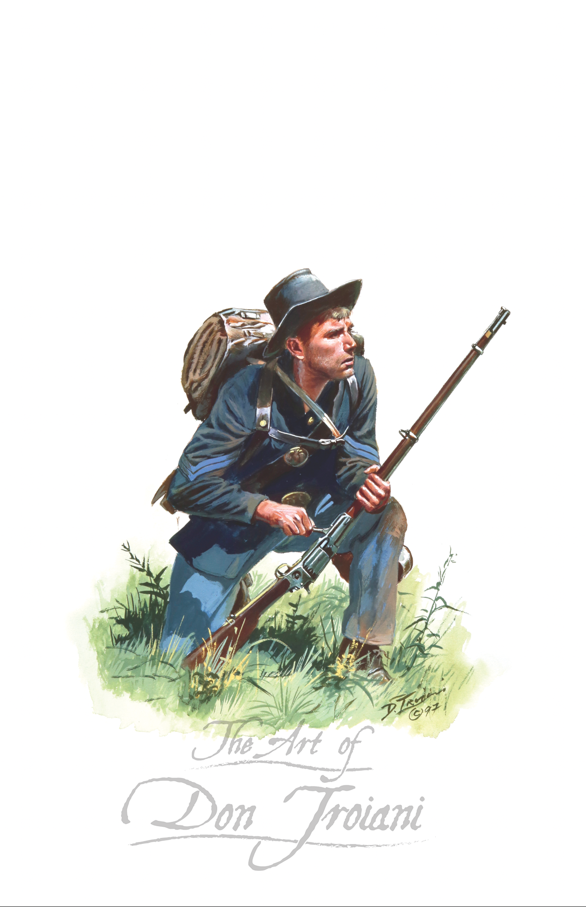 21st Ohio Volunteer Infantry. Illustration of a soldier in blue uniform with a rifle, crouching in grass, signed 'The Art of Don Troiani'.