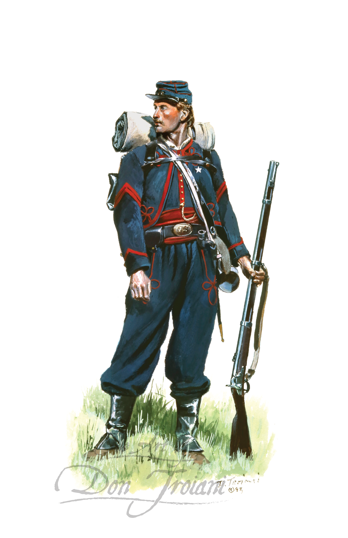 2nd Zouaves. Illustration of a soldier in Civil War uniform with rifle and backpack on a white background