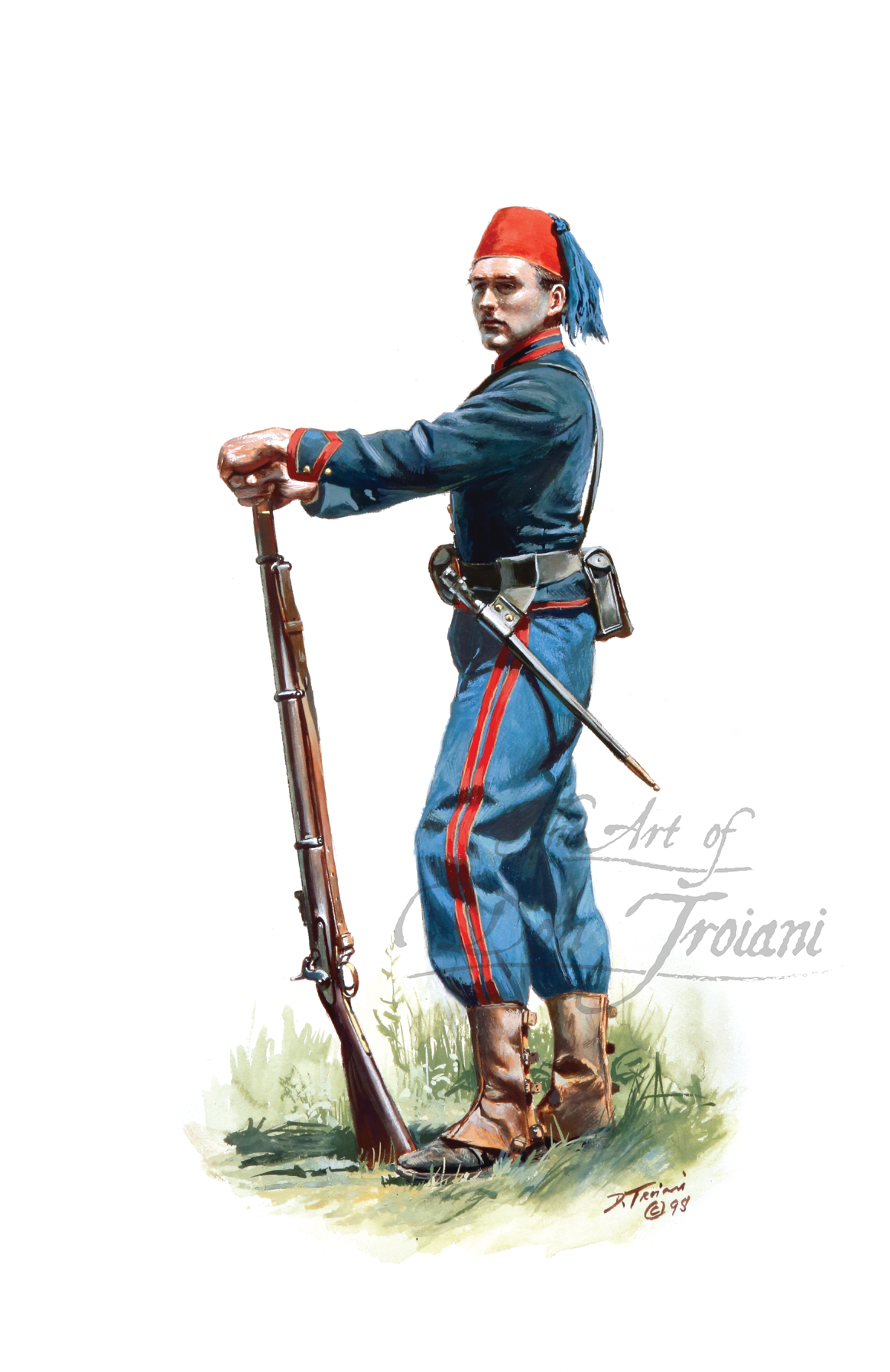 Painting of a soldier in blue uniform with a rifle, standing in a natural setting.