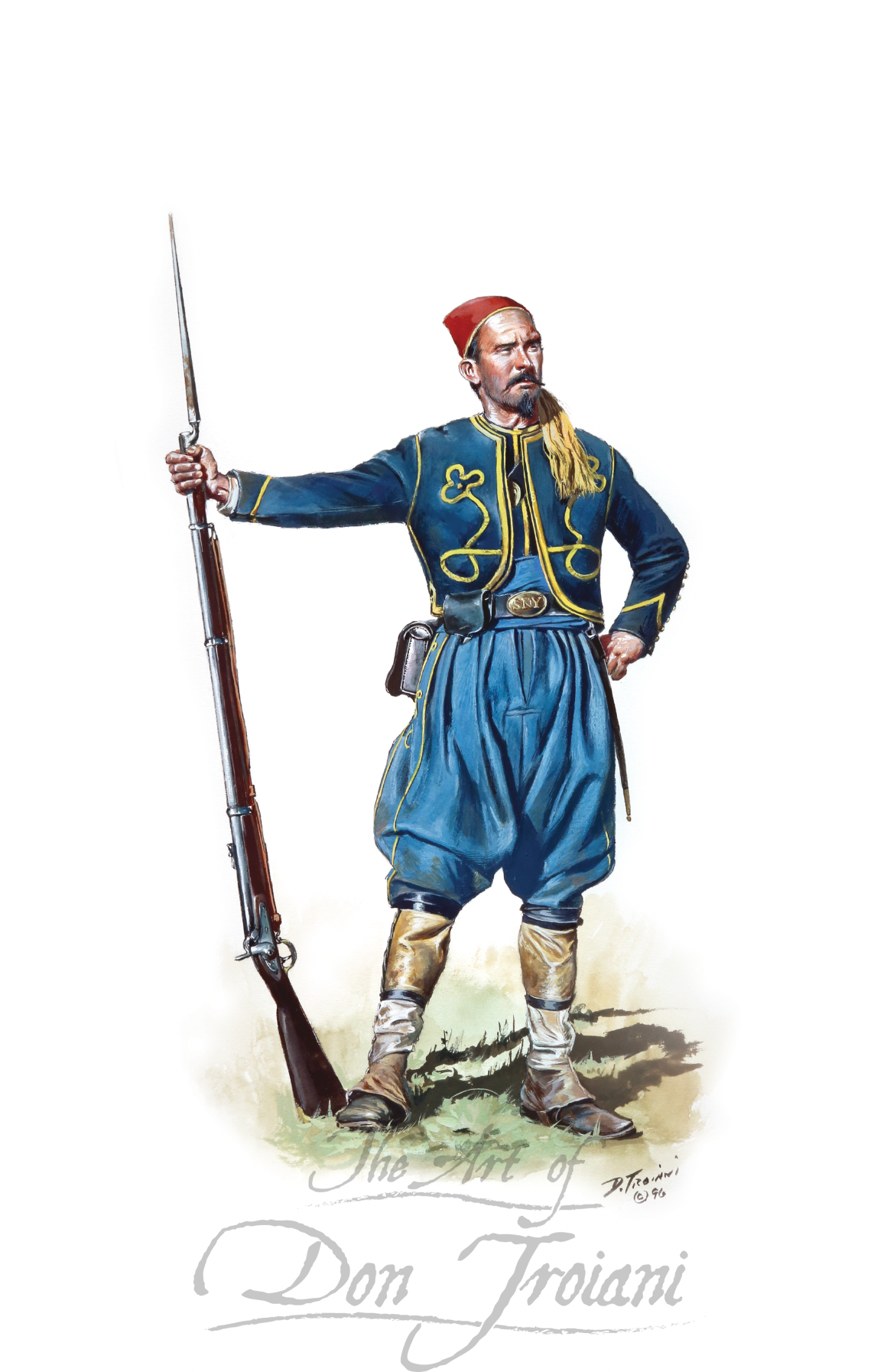 D'Epineuil Zouaves. Illustration of a soldier in historical military uniform holding a rifle.