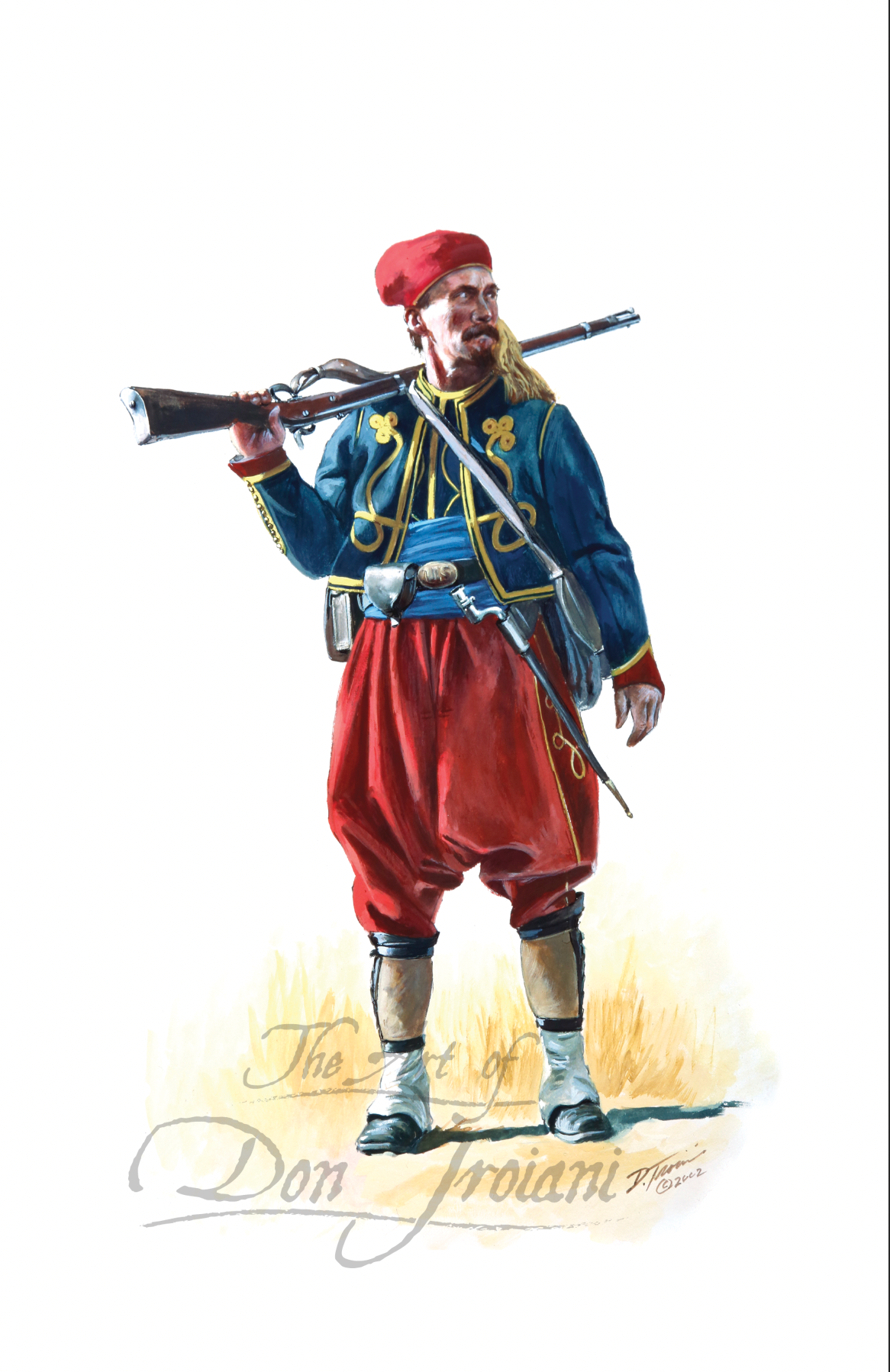 Excelsior Brigade. Illustration of a historical soldier in red and blue uniform holding a rifle on a white background.