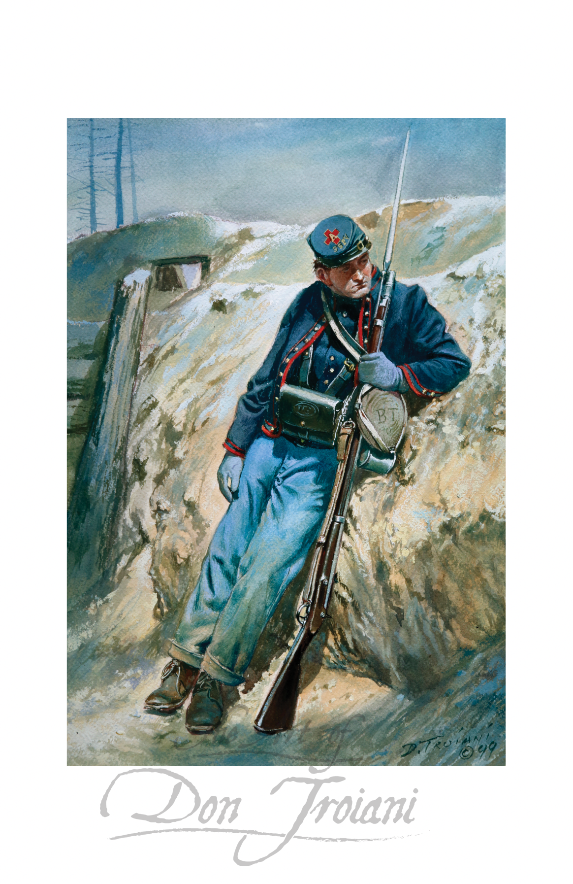 Gosline Zouaves. Painting of a soldier in military uniform with a rifle, standing in a snowy landscape.