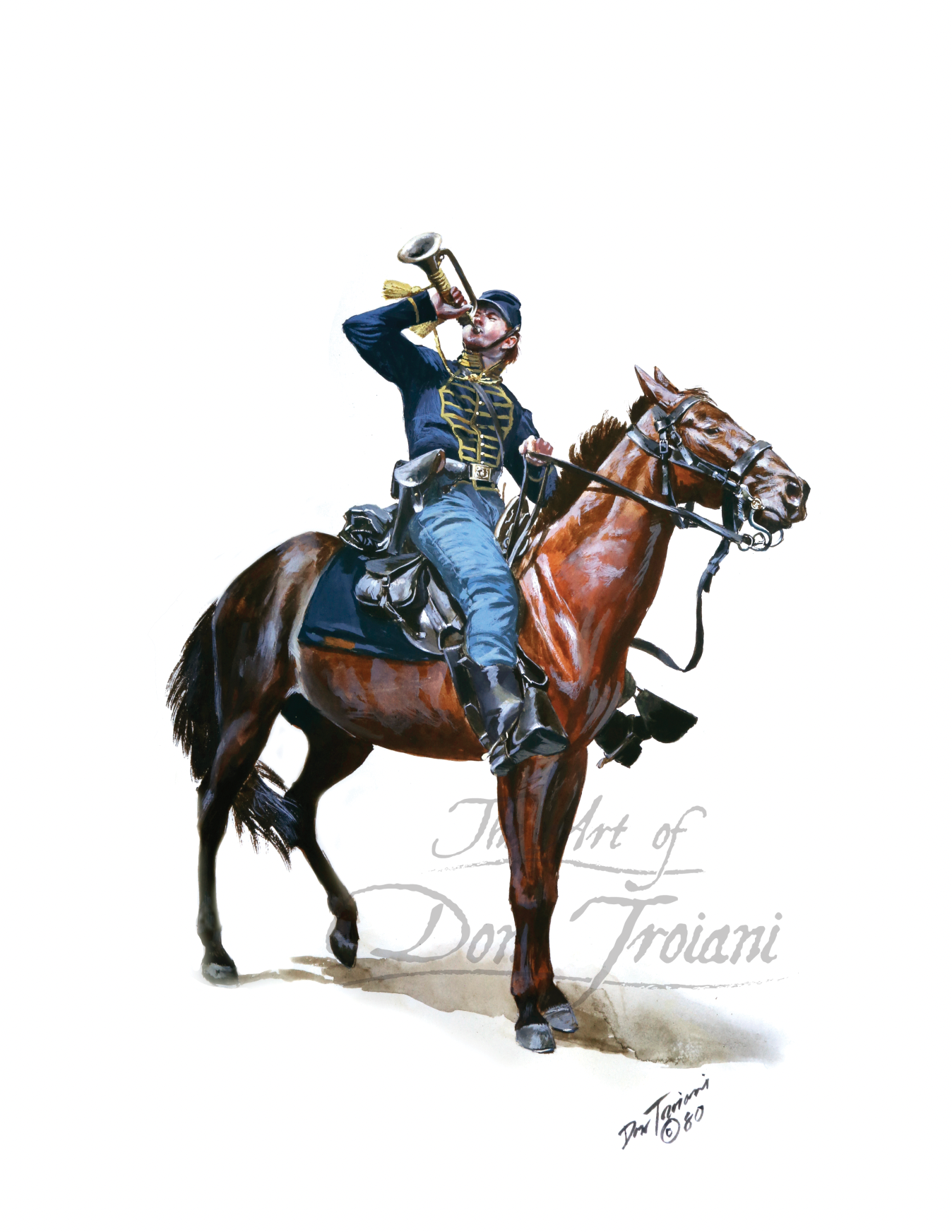 Union Cavalry Bugler. Painting of a soldier on horseback with 'The Art of Don Troiani' signature.