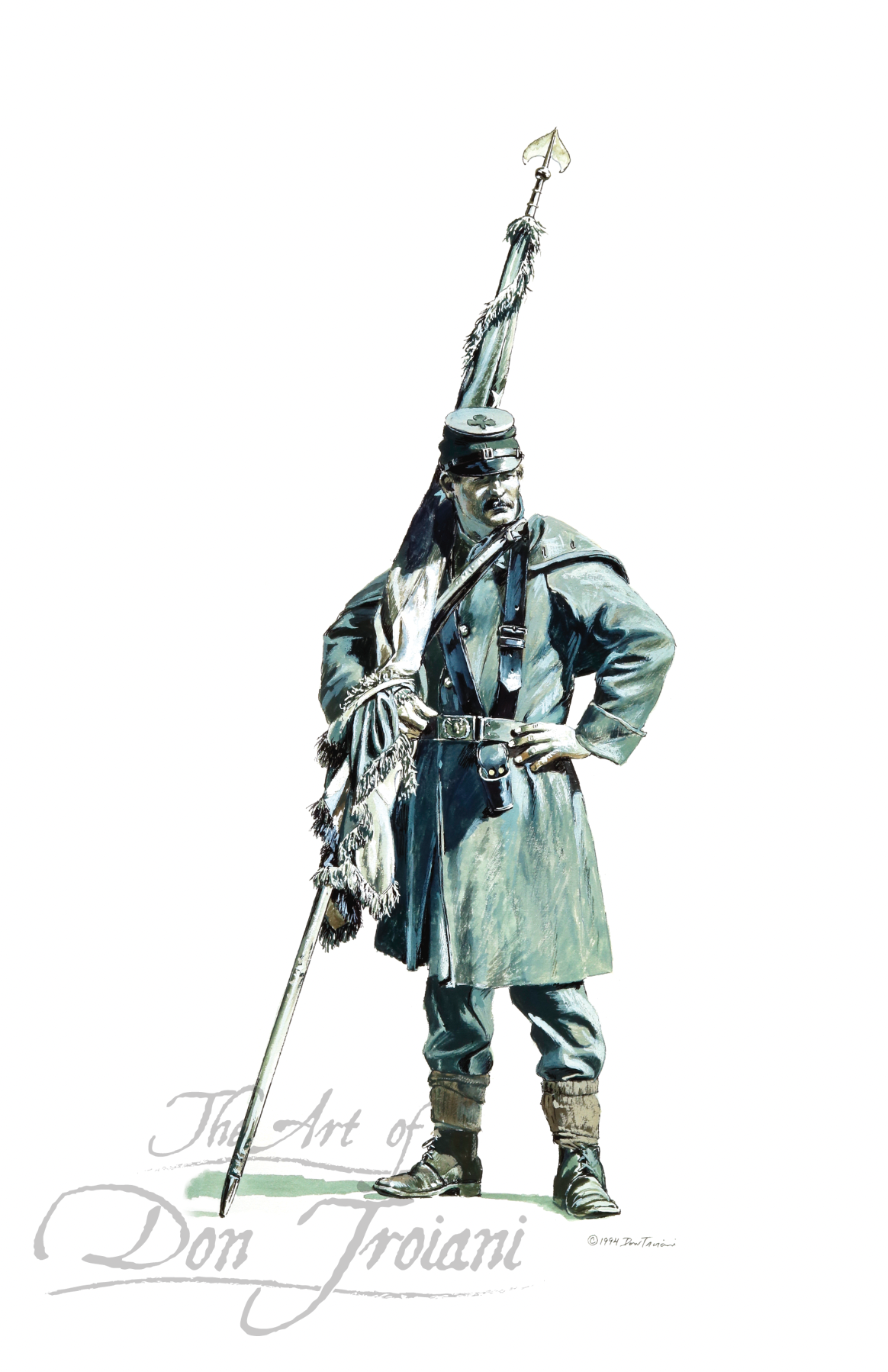Union Color Bearer. Illustration of a soldier in historical military uniform holding a flag on a white background, signed 'The Art of Don Troiani'.