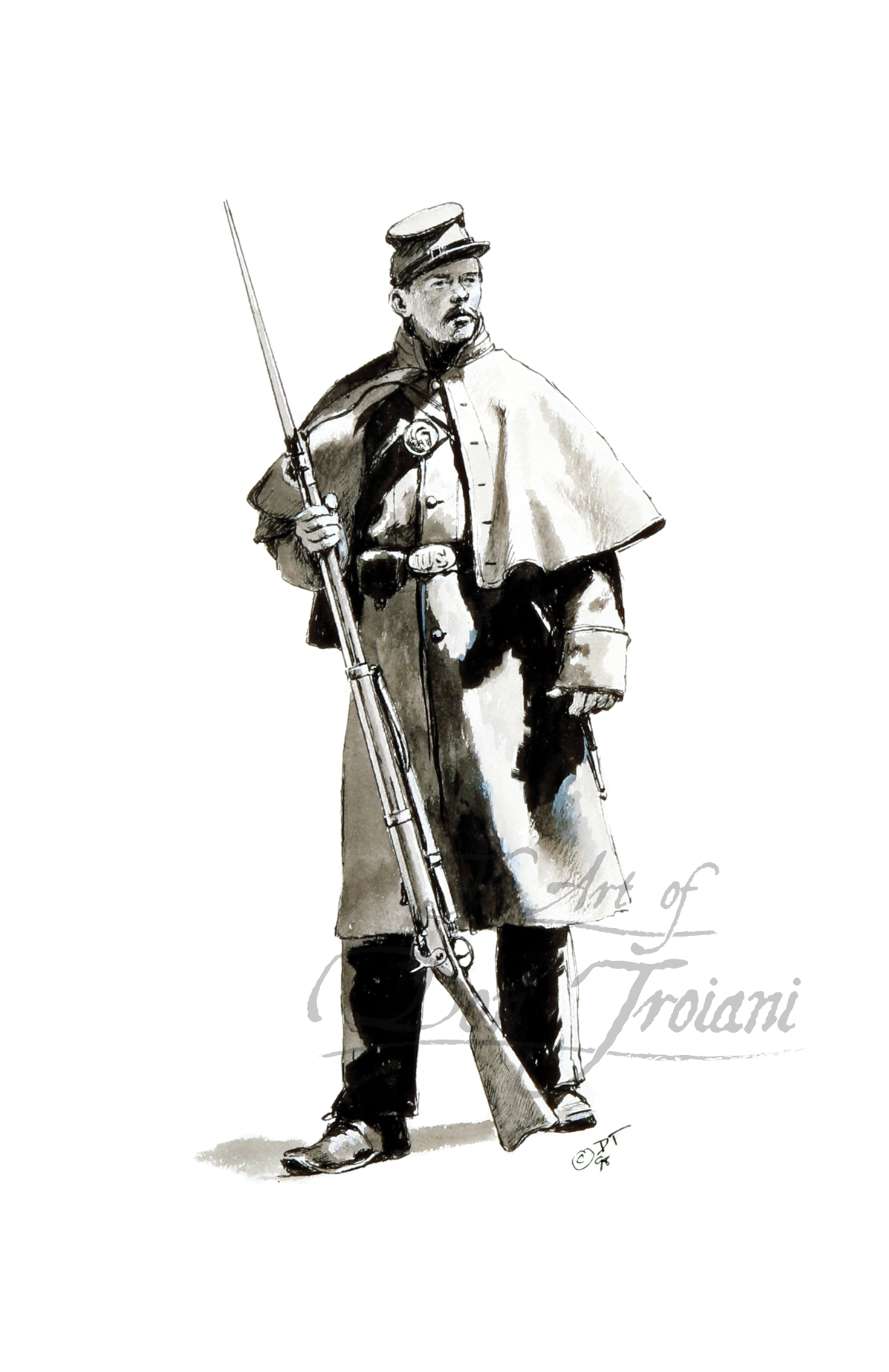 Union Soldier in Overcoat. Black and white illustration of a soldier holding a rifle.