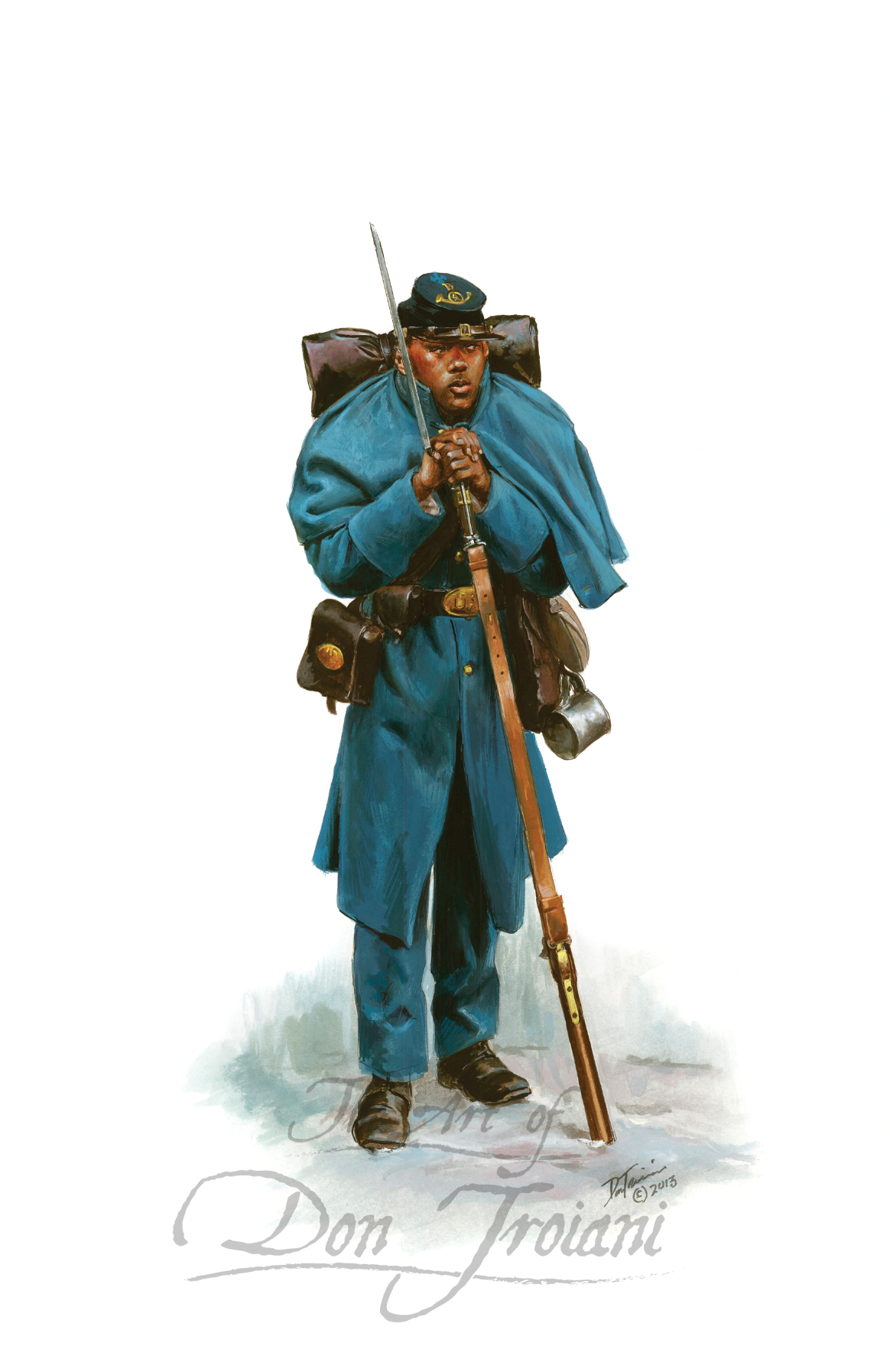 4th U.S. Colored Troops Private. Illustration of a soldier in blue uniform with a rifle and backpack on a white background