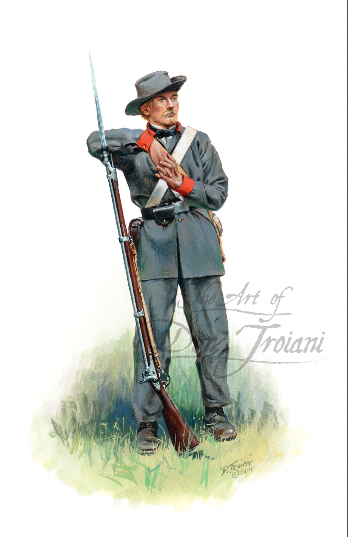 3rd Missouri Infantry. Painting of a Civil War soldier in gray uniform with a rifle, standing in grass.