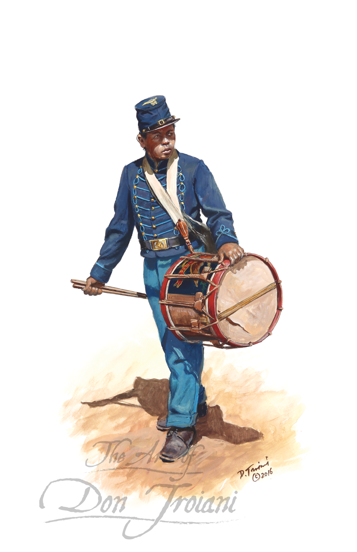 54th Massachusetts Drummer. Illustration of a drummer in Civil War uniform holding a drum on a white background